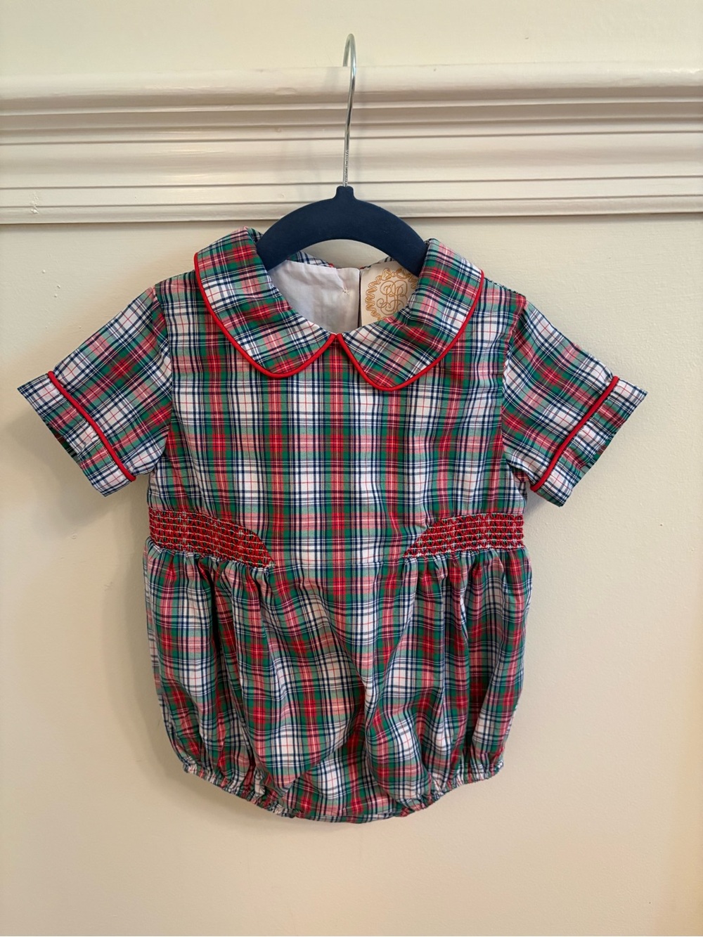 Beaufort Bonnet Plaid Peter Pan Collar Baby Bubble Romper - Red & Green